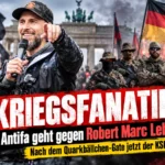 Robert Marc Lehmann vor Demonstranten und KSK-Soldaten mit Deutschlandflagge; Schlagzeile „Kriegsfanatiker?“ und Hinweis auf Antifa sowie das Quarkbällchen-Gate.