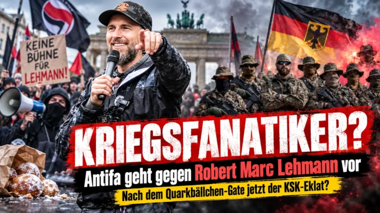 Robert Marc Lehmann vor Demonstranten und KSK-Soldaten mit Deutschlandflagge; Schlagzeile „Kriegsfanatiker?“ und Hinweis auf Antifa sowie das Quarkbällchen-Gate.