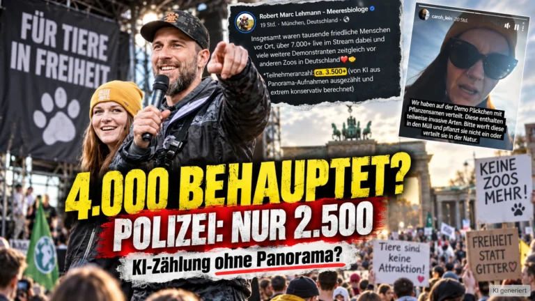 Robert Marc Lehmann bei der Anti-Zoo-Demo in Berlin mit dem Hinweis auf 4.000 behauptete und 2.500 von der Polizei geschätzte Teilnehmer.