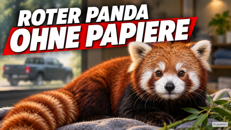 KI-generiertes Symbolbild: Roter Panda auf einer Decke neben Bambus, dahinter ein unscharfer Pickup. Themenbezug: Roter Panda in Thailand beschlagnahmt.