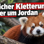 KI-generiertes Symbolbild: Roter Panda zwischen Ästen und Blättern, dazu „Trauer um Jordan“. Themenbezug: Roter Panda Jordan im Rostocker Zoo gestorben.