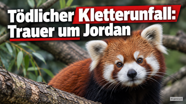 KI-generiertes Symbolbild: Roter Panda zwischen Ästen und Blättern, dazu „Trauer um Jordan“. Themenbezug: Roter Panda Jordan im Rostocker Zoo gestorben.