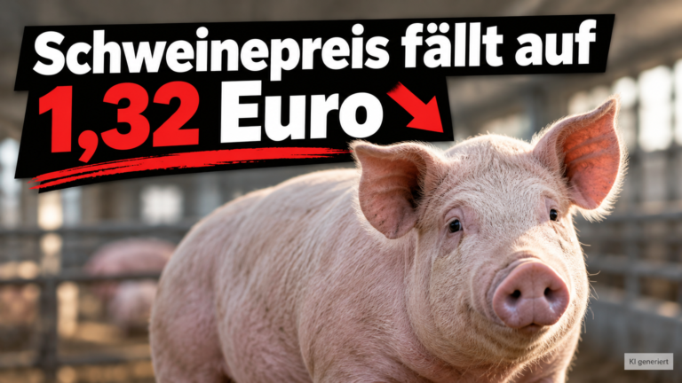 KI-generiertes Symbolbild zum Rückgang der Schlachtschweinepreise: Schwein im Stall, darüber „Schweinepreis fällt auf 1,32 Euro“ und ein roter Abwärtspfeil.