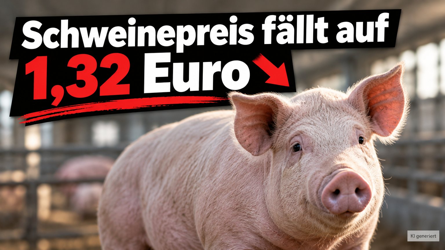 KI-generiertes Symbolbild zum Rückgang der Schlachtschweinepreise: Schwein im Stall, darüber „Schweinepreis fällt auf 1,32 Euro“ und ein roter Abwärtspfeil.