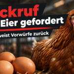 KI-generiertes Symbolbild zur Rückrufforderung für Eier vom Hühnerhof Mirabó: braune Henne und Eier im Stall, daneben die Überschrift „Rückruf aller Eier gefordert“.