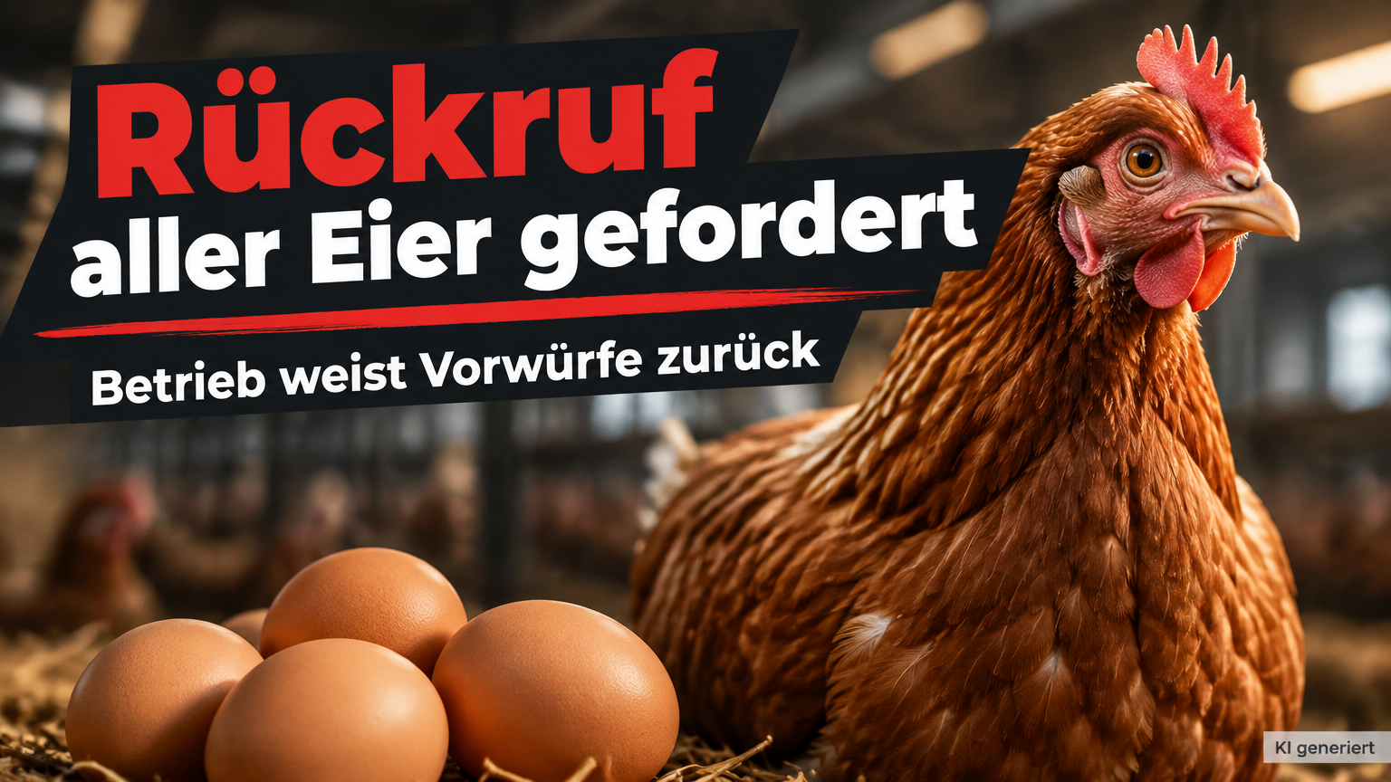 KI-generiertes Symbolbild zur Rückrufforderung für Eier vom Hühnerhof Mirabó: braune Henne und Eier im Stall, daneben die Überschrift „Rückruf aller Eier gefordert“.