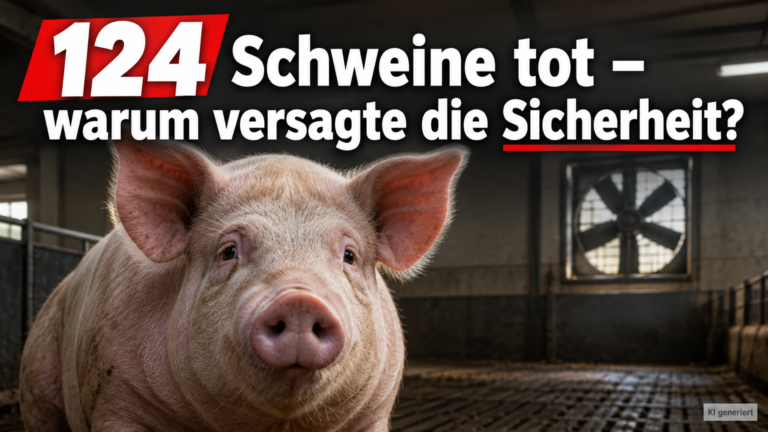KI-generiertes Symbolbild zum Thema Schweinetod nach Lüftungsausfall in Wernburg: Schwein im Stall, Ventilator im Hintergrund und die Überschrift „124 Schweine tot – warum versagte die Sicherheit?“