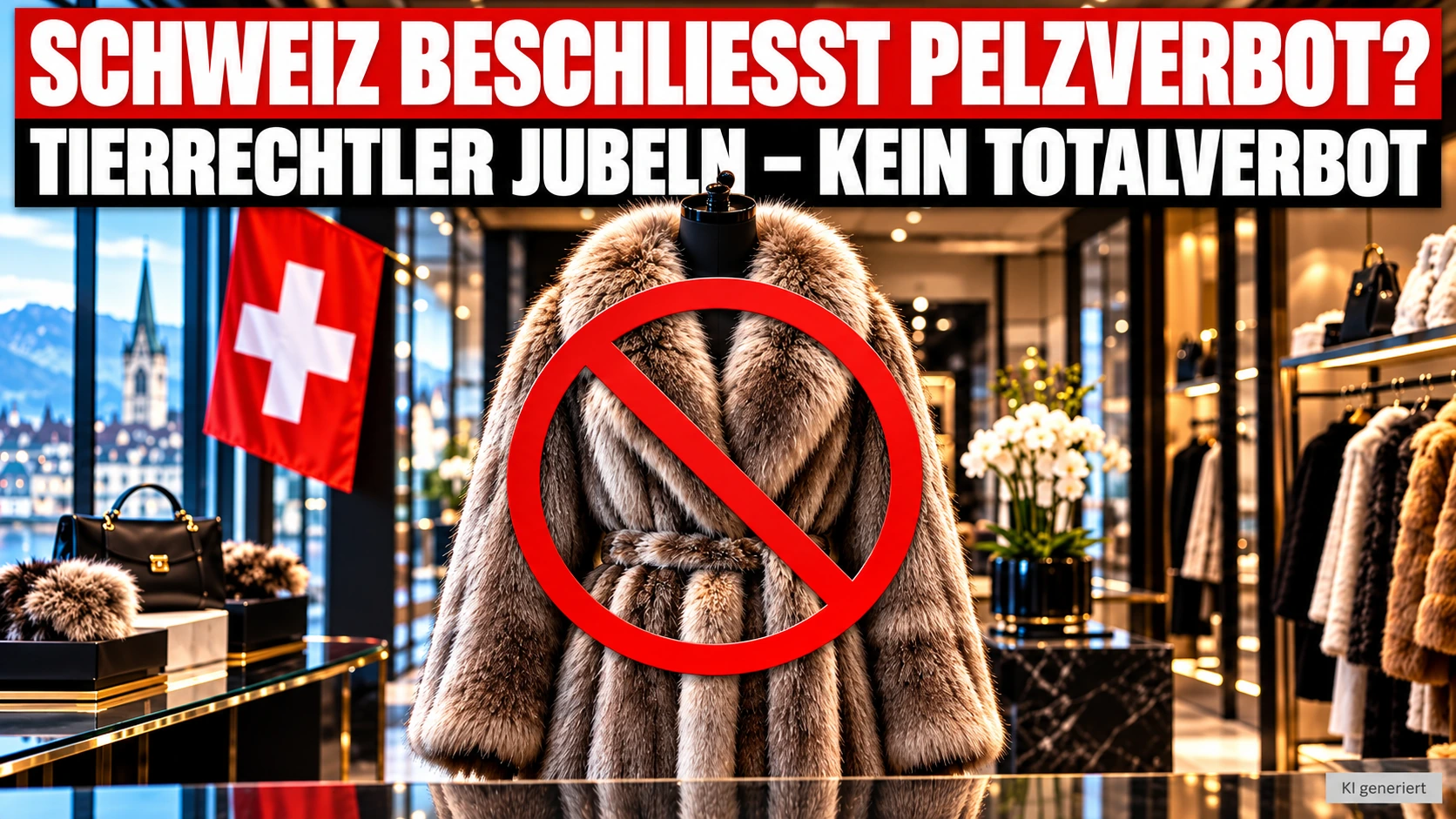 Schweiz beschliesst Pelzverbot: Import und Handel mit tierquälerisch erzeugtem Pelz werden verboten 1 Schweiz beschliesst Pelzverbot – Pelzmantel mit Verbotssymbol und Schweizer Flagge als Symbolbild zum neuen Import- und Handelsverbot.