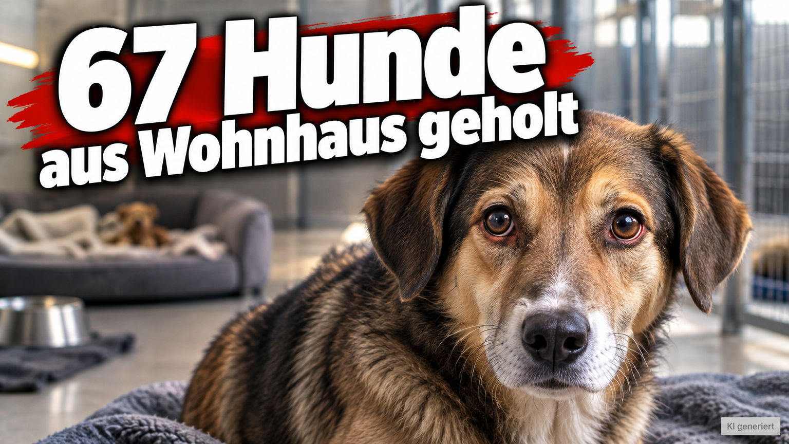 KI-generiertes Symbolbild zum Thema Tierschutzeinsatz in Grimma: brauner Hund auf einer Decke, dahinter ein weiterer Hund und Gitter; Überschrift „67 Hunde aus Wohnhaus geholt“.