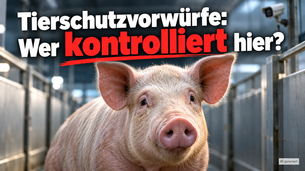 KI-generiertes Symbolbild zum Thema Tierschutzvorwürfe gegen Tönnies in Kellinghusen: Schwein zwischen Metallabtrennungen, Kamera im Hintergrund und die Frage „Wer kontrolliert hier?“