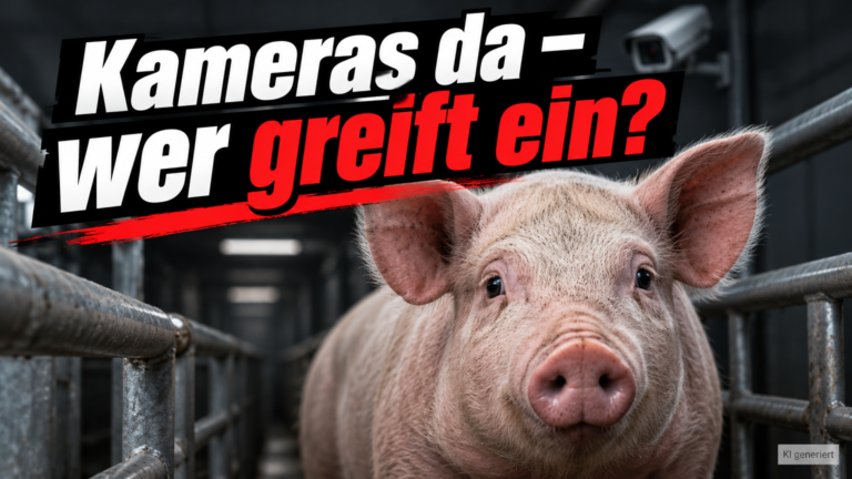KI-generiertes Symbolbild zum Thema Tierschutzvorwürfe im Schlachthof Kellinghusen: Schwein zwischen Metallgeländern, Kamera im Hintergrund und Schriftzug „Kameras da – wer greift ein?“.