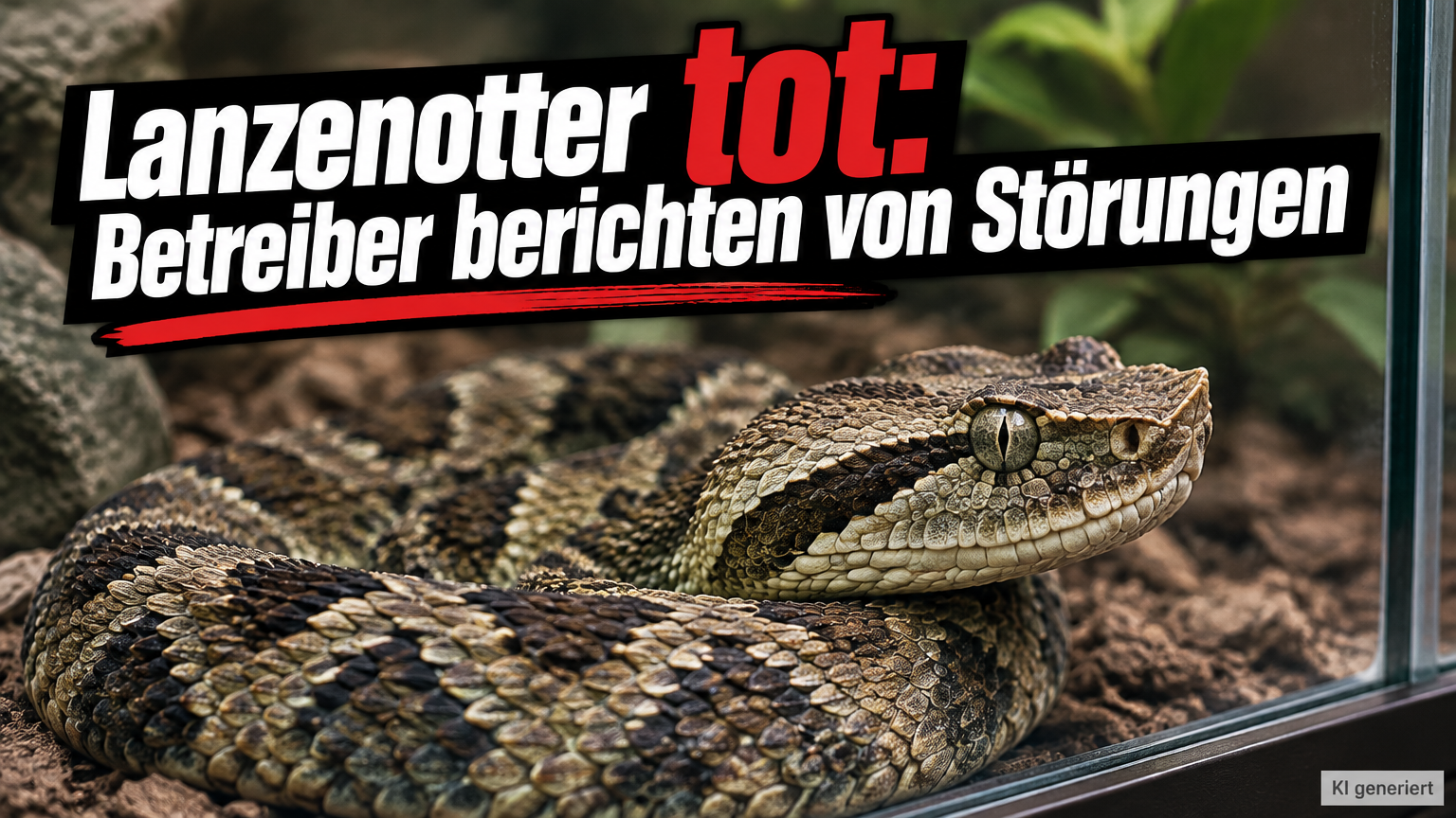 KI-generiertes Symbolbild zum Thema Tod einer Lanzenotter im Zoo: zusammengerollte Schlange hinter Terrarienglas mit der Überschrift „Lanzenotter tot: Betreiber berichten von Störungen“.