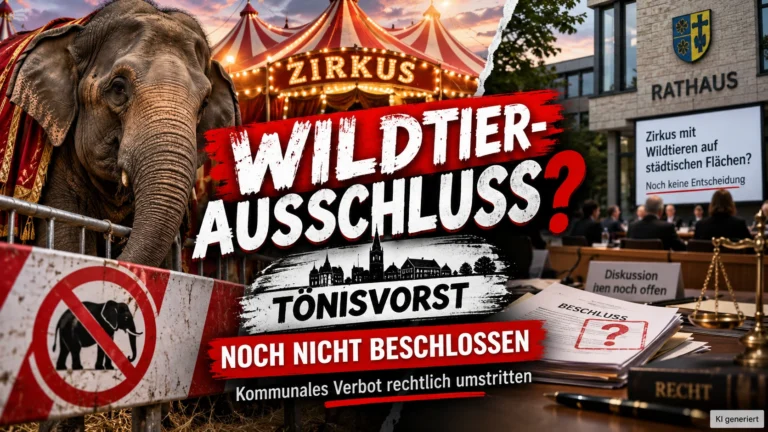 Tönisvorst Zirkus-Gastspiele: Elefant vor Zirkuszelt, Verbotsschild und Rathaus verdeutlichen den umstrittenen Wildtier-Ausschluss.