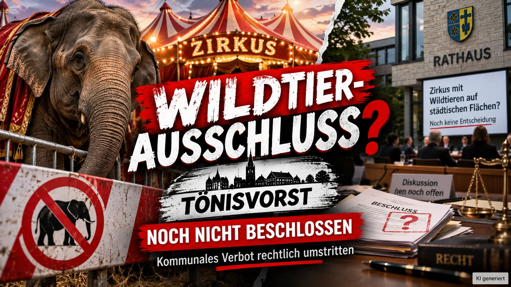 Tönisvorst Zirkus-Gastspiele: Elefant vor Zirkuszelt, Verbotsschild und Rathaus verdeutlichen den umstrittenen Wildtier-Ausschluss.