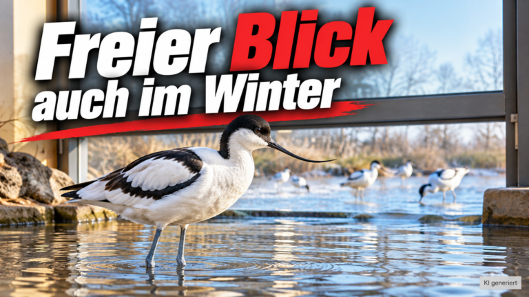 KI-generiertes Symbolbild zum Umbau der Vogelhalle im Vivarium Darmstadt: Säbelschnäbler im flachen Wasser vor einer Fensteröffnung, darüber „Freier Blick auch im Winter“.