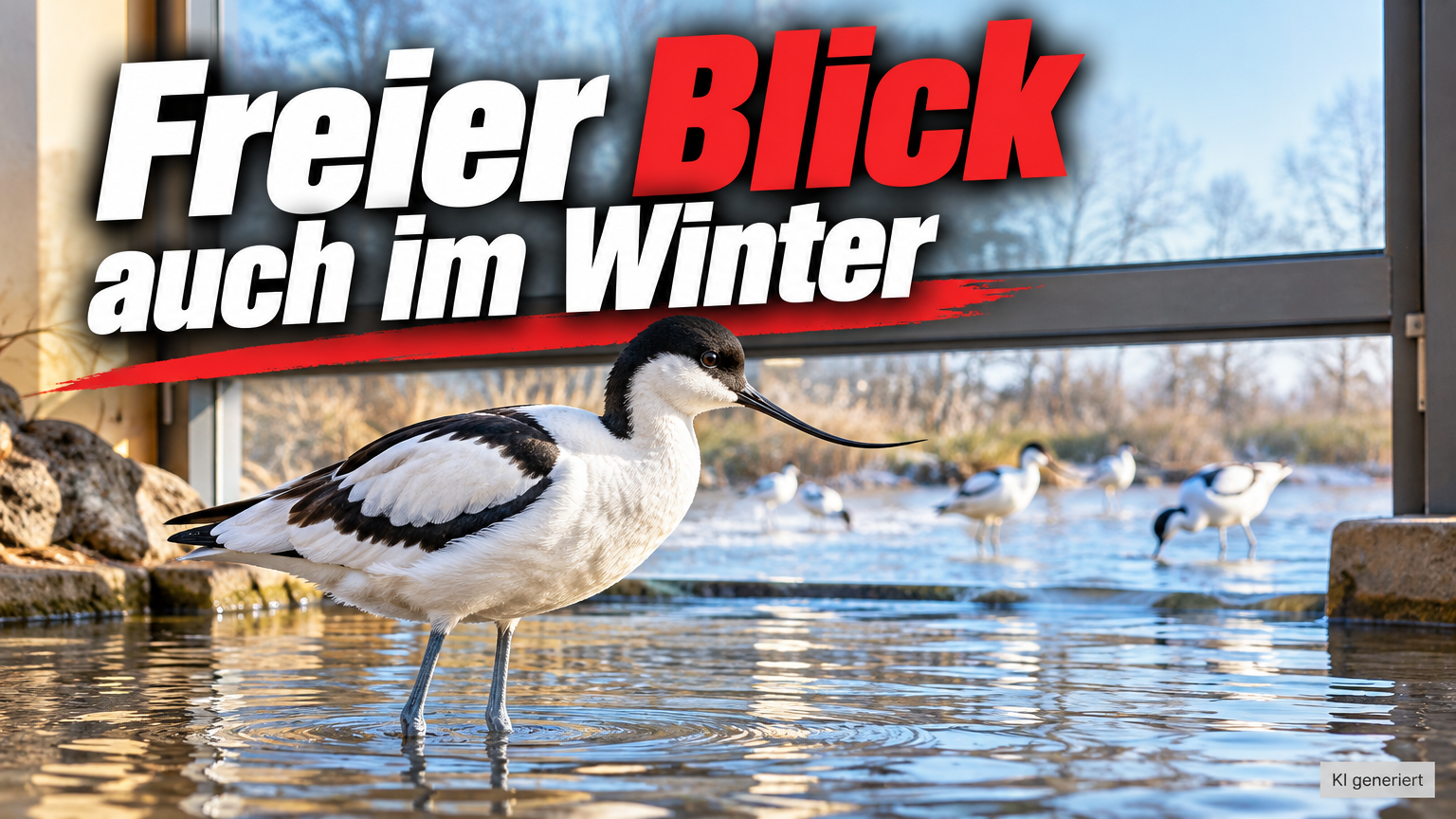 KI-generiertes Symbolbild zum Umbau der Vogelhalle im Vivarium Darmstadt: Säbelschnäbler im flachen Wasser vor einer Fensteröffnung, darüber „Freier Blick auch im Winter“.