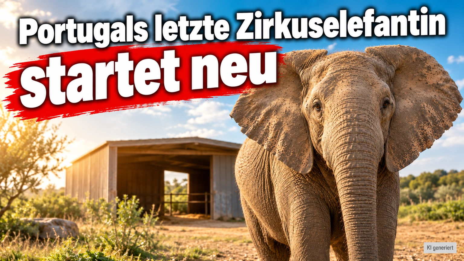 KI-generiertes Symbolbild zum Umzug von Elefantin Julie nach Pangea: Elefant vor einem offenen Unterstand, darüber die Aufschrift „Portugals letzte Zirkuselefantin startet neu“.