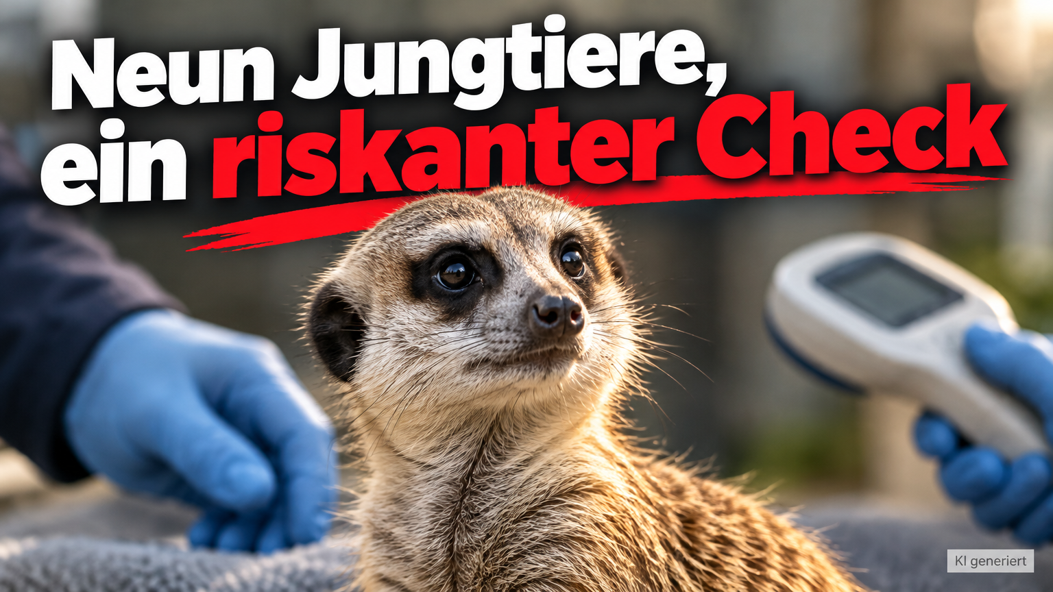KI-generiertes Symbolbild zur Untersuchung der Erdmännchen im Tiergarten Kleve: Erdmännchen zwischen blau behandschuhten Händen und einem Lesegerät.