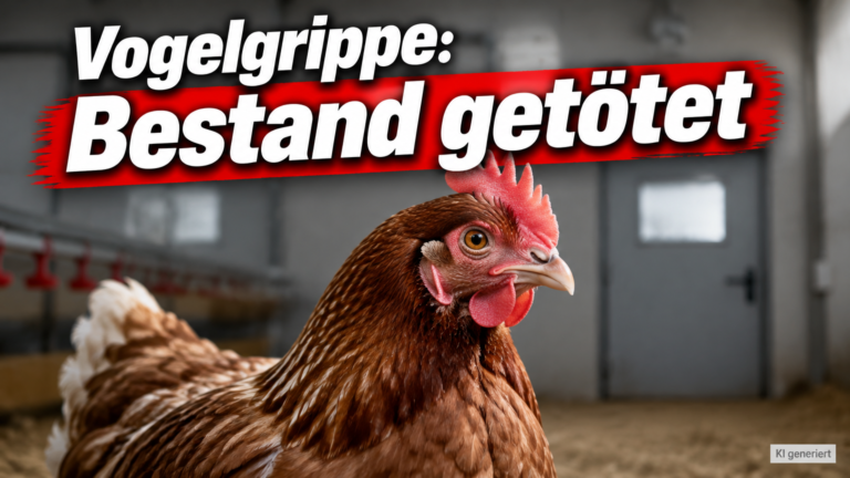 KI-generiertes Symbolbild zur Vogelgrippe in Bark: braune Henne im Stall unter der Überschrift „Vogelgrippe: Bestand getötet“.