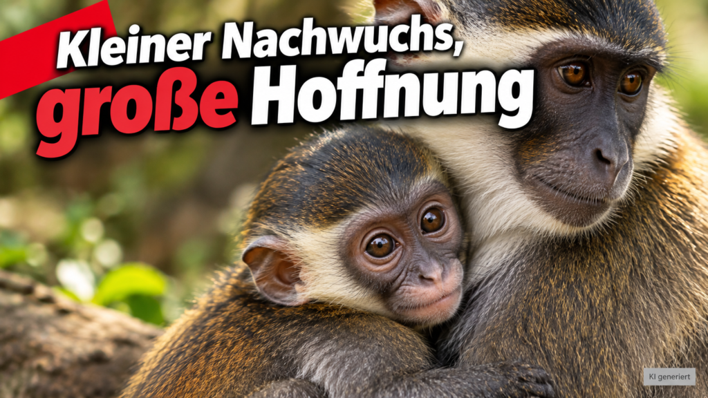 KI-generiertes Symbolbild zum Weißscheitelmangaben-Nachwuchs im Zoo Heidelberg: Ein Affenjungtier schmiegt sich an ein erwachsenes Tier. Aufschrift: „Kleiner Nachwuchs, große Hoffnung“.
