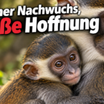 KI-generiertes Symbolbild zum Weißscheitelmangaben-Nachwuchs im Zoo Heidelberg: Ein Affenjungtier schmiegt sich an ein erwachsenes Tier. Aufschrift: „Kleiner Nachwuchs, große Hoffnung“.