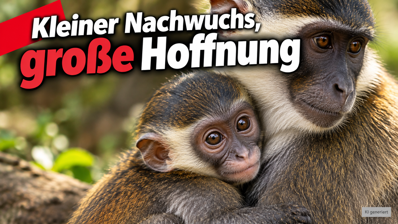 KI-generiertes Symbolbild zum Weißscheitelmangaben-Nachwuchs im Zoo Heidelberg: Ein Affenjungtier schmiegt sich an ein erwachsenes Tier. Aufschrift: „Kleiner Nachwuchs, große Hoffnung“.