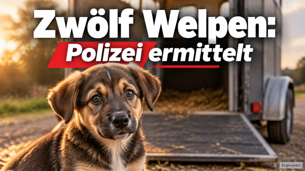 KI-generiertes Symbolbild zum Thema Welpen im Pferdeanhänger: Ein braun-schwarzer Welpe sitzt vor einer offenen Anhängerrampe; darüber steht „Zwölf Welpen: Polizei ermittelt“.