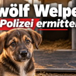 KI-generiertes Symbolbild zum Thema Welpen im Pferdeanhänger: Ein braun-schwarzer Welpe sitzt vor einer offenen Anhängerrampe; darüber steht „Zwölf Welpen: Polizei ermittelt“.