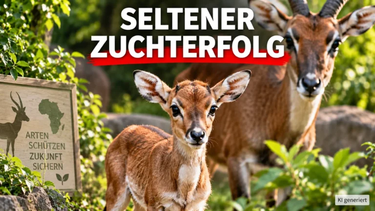 Weißnacken-Moorantilope im Kölner Zoo geboren: Männliches Jungtier steht vor einem erwachsenen Tier unter der Überschrift „Seltener Zuchterfolg“.