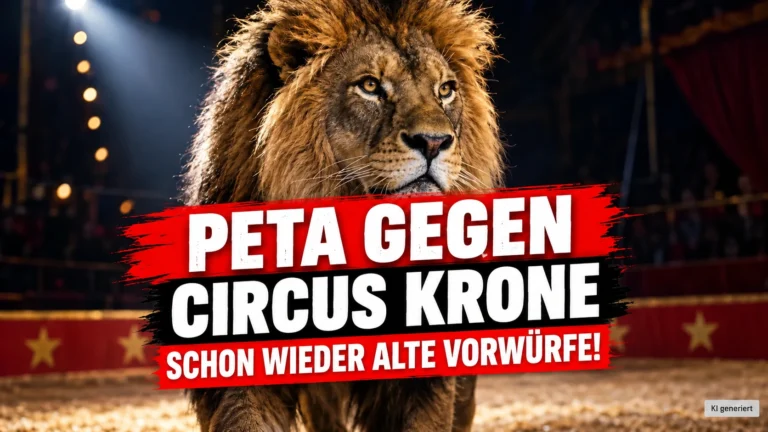 Ein Löwe in der Manege von Circus Krone in Goslar mit der Schlagzeile „PETA gegen Circus Krone – Schon wieder alte Vorwürfe!“