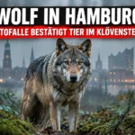 Wolf in Hamburg offiziell bestätigt: Ein Wolf steht im Waldgebiet Klövensteen, während im nebligen Hintergrund die Hamburger Skyline zu sehen ist.
