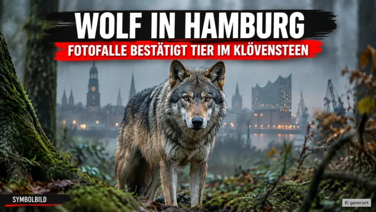Wolf in Hamburg offiziell bestätigt: Ein Wolf steht im Waldgebiet Klövensteen, während im nebligen Hintergrund die Hamburger Skyline zu sehen ist.