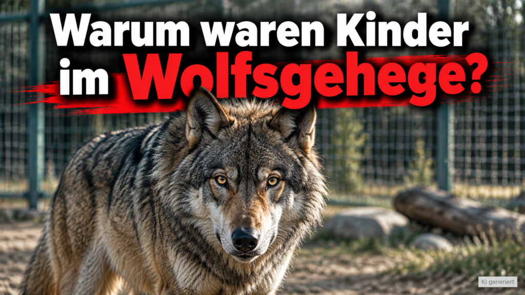 KI-generiertes Symbolbild zum Thema Wolfsangriff im Wildpark Johannismühle: Wolf vor einem Gehegezaun unter der Frage „Warum waren Kinder im Wolfsgehege?“