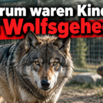 KI-generiertes Symbolbild zum Thema Wolfsangriff im Wildpark Johannismühle: Wolf vor einem Gehegezaun unter der Frage „Warum waren Kinder im Wolfsgehege?“