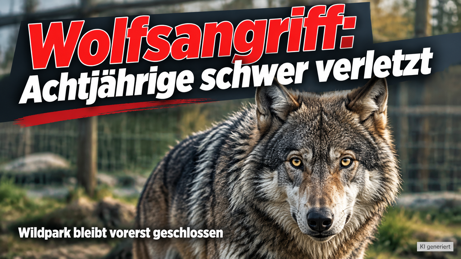 KI-generiertes Symbolbild zum Thema Wolfsangriff im Wildpark Johannismühle: Wolf vor einem Gehegezaun mit der Schlagzeile „Wolfsangriff: Achtjährige schwer verletzt“.