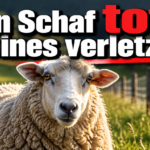 KI-generiertes Symbolbild zum Thema Wolfsangriff in Escholzmatt-Marbach: Schaf auf einer Weide neben einem Zaun, darüber die Überschrift „Ein Schaf tot, eines verletzt“.