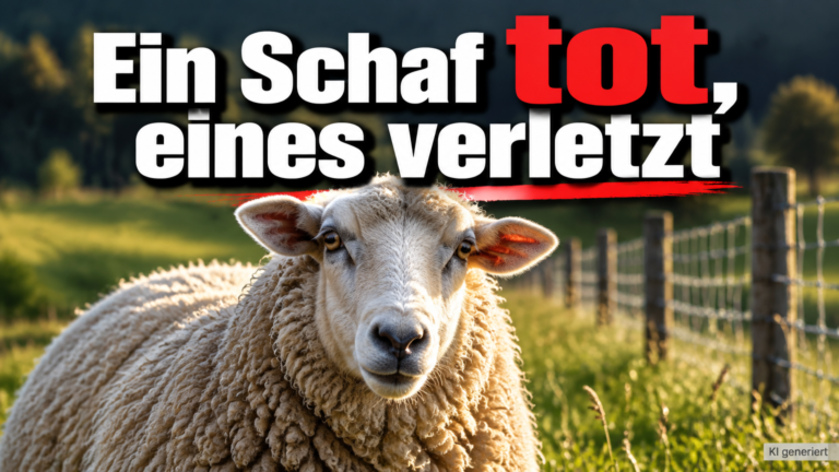 KI-generiertes Symbolbild zum Thema Wolfsangriff in Escholzmatt-Marbach: Schaf auf einer Weide neben einem Zaun, darüber die Überschrift „Ein Schaf tot, eines verletzt“.