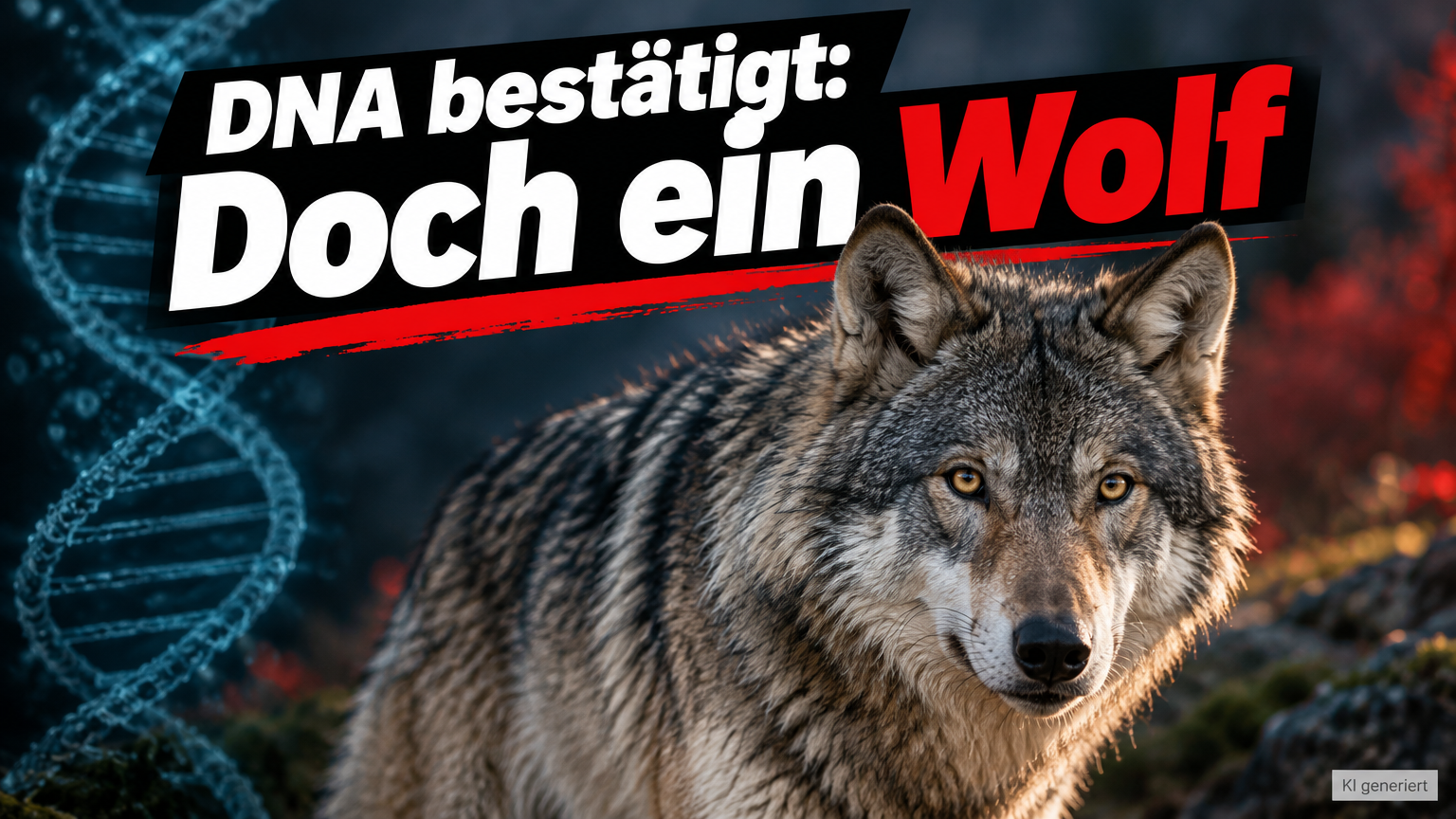 KI-generiertes Symbolbild zum Thema Wolfsriss in Saalfelden: Wolf neben einer DNA-Doppelhelix und der Überschrift „DNA bestätigt: Doch ein Wolf“.