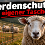 KI-generiertes Symbolbild zum Thema Wolfsrisse im Wittgensteiner Land: Schaf vor einem Weidezaun, weitere Schafe im Hintergrund und Schriftzug „Herdenschutz aus eigener Tasche“.