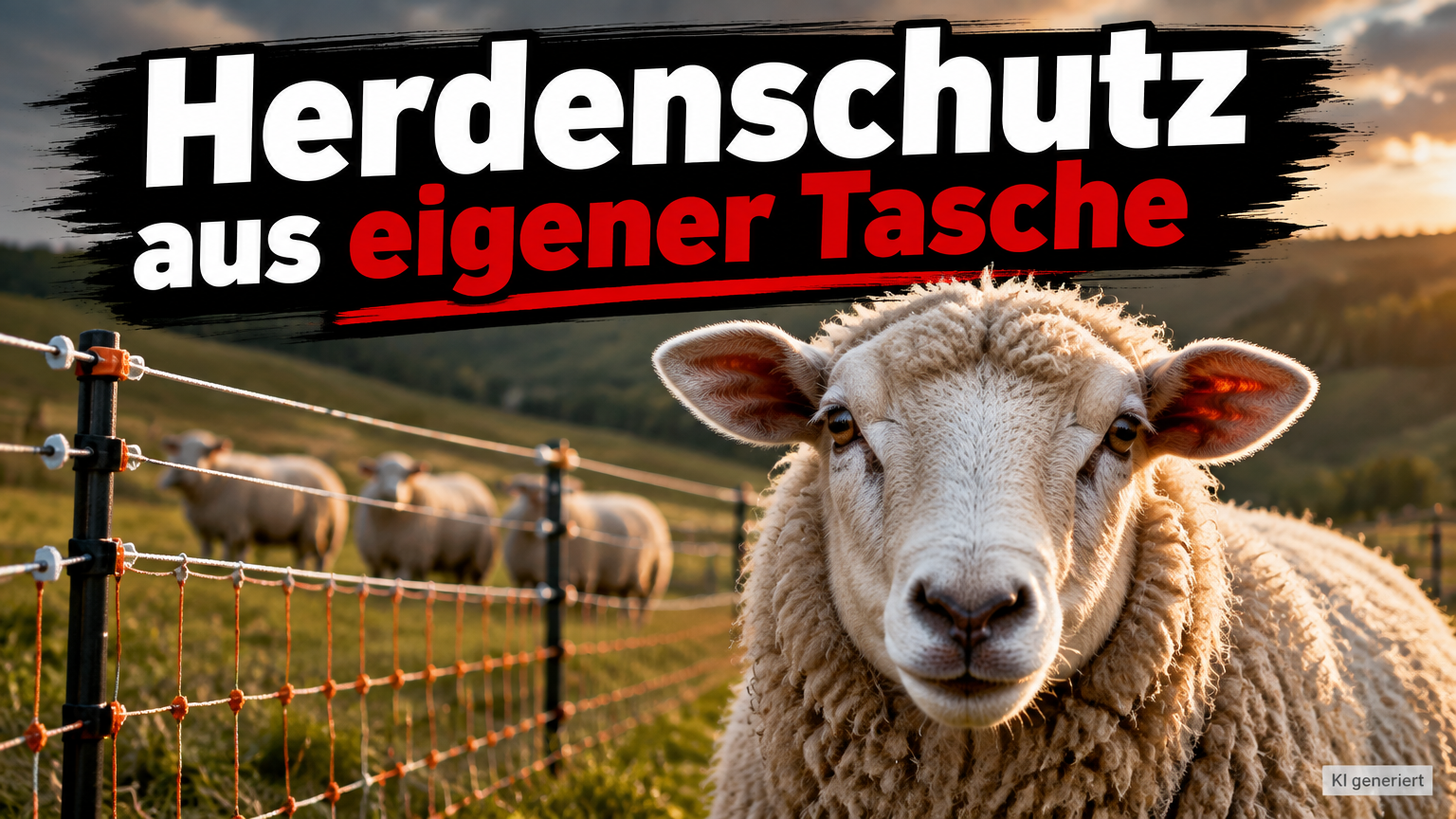 Wolfsrisse im Wittgensteiner Land: Schafhalter sichern Herden auf eigene Kosten 1 KI-generiertes Symbolbild zum Thema Wolfsrisse im Wittgensteiner Land: Schaf vor einem Weidezaun, weitere Schafe im Hintergrund und Schriftzug „Herdenschutz aus eigener Tasche“.
