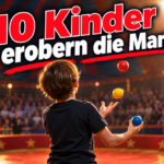 KI-generiertes Symbolbild zum Thema Zirkusprojekt Humboldtschule Korbach: Ein Kind jongliert bunte Bälle in einer Manege vor Publikum; darüber steht „410 Kinder erobern die Manege“.