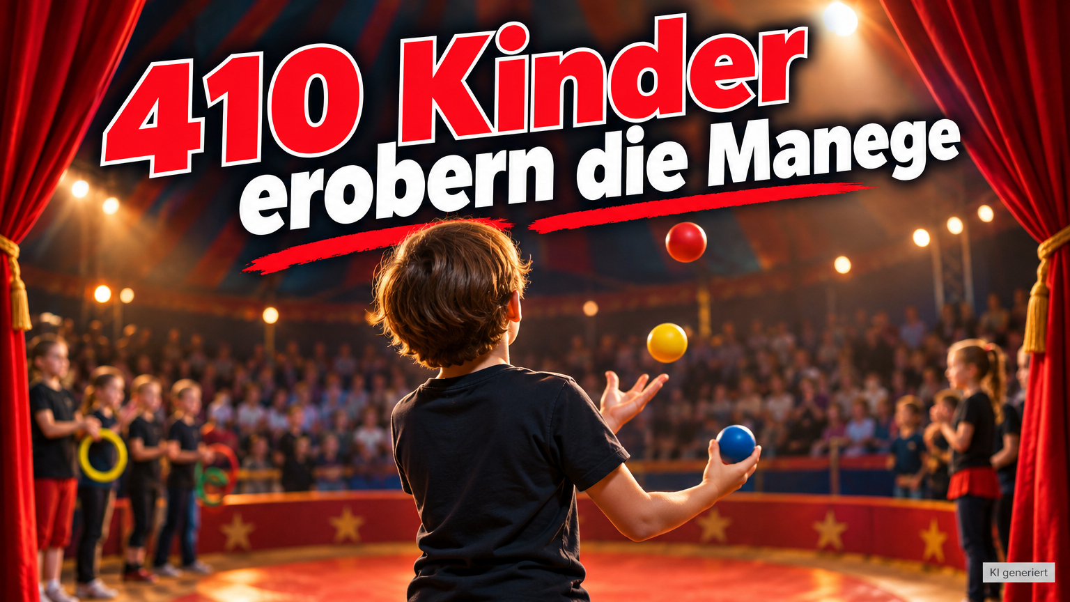 KI-generiertes Symbolbild zum Thema Zirkusprojekt Humboldtschule Korbach: Ein Kind jongliert bunte Bälle in einer Manege vor Publikum; darüber steht „410 Kinder erobern die Manege“.