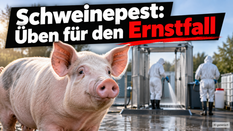 KI-generiertes Symbolbild zur Zivilschutzübung zur Afrikanischen Schweinepest: Schwein vor zwei Personen in Schutzanzügen und einer Dekontaminationsanlage.