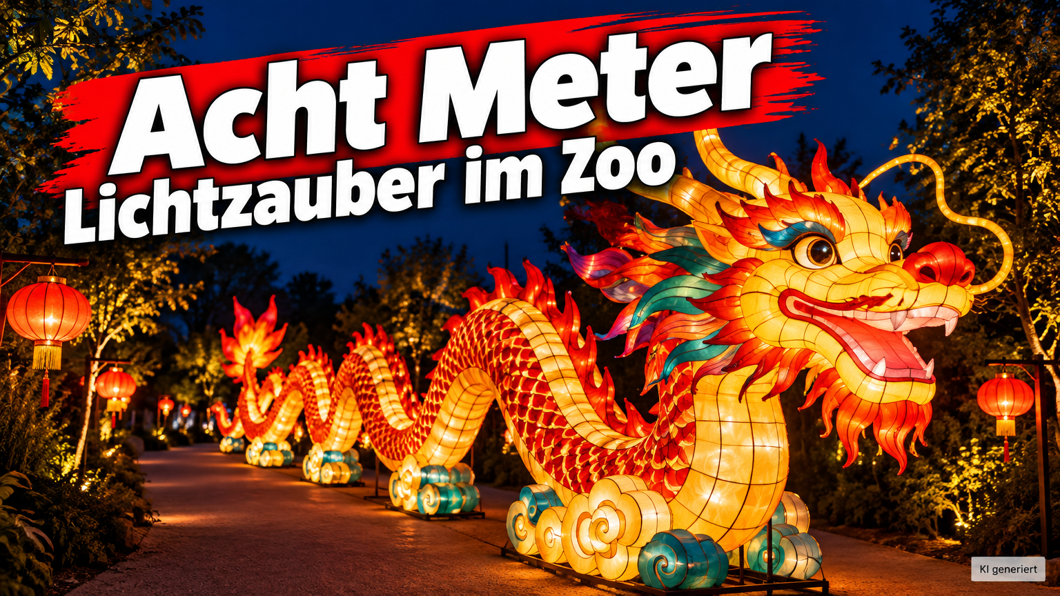 Zoolichter im Zoo Duisburg: Dritte Ausgabe mit mehr als 30 Lichtinstallationen 1 KI-generiertes Symbolbild zu Zoolichter im Zoo Duisburg: leuchtender Drache und rote Lampions an einem nächtlichen Weg, darüber „Acht Meter – Lichtzauber im Zoo“.