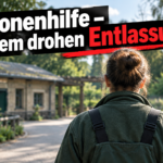 KI-generiertes Symbolbild zum Thema Zuschüsse für Zoo Antwerpen und Planckendael: Person in grüner Arbeitskleidung von hinten auf einem begrünten Weg; Schriftzug zu drohenden Entlassungen.