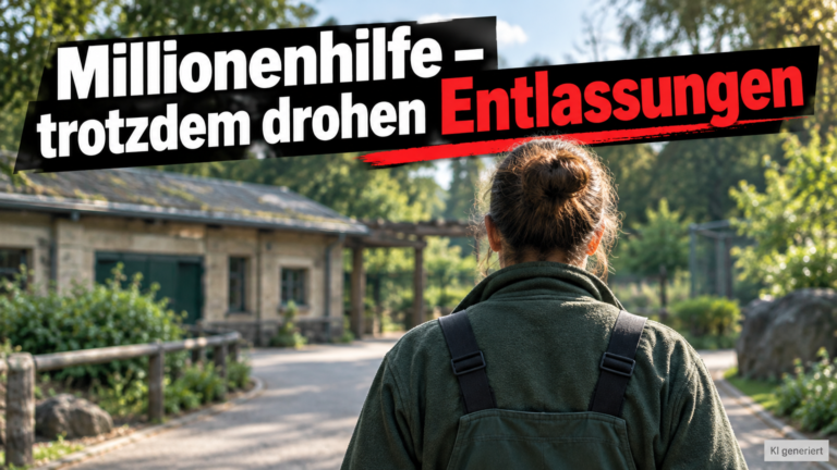KI-generiertes Symbolbild zum Thema Zuschüsse für Zoo Antwerpen und Planckendael: Person in grüner Arbeitskleidung von hinten auf einem begrünten Weg; Schriftzug zu drohenden Entlassungen.