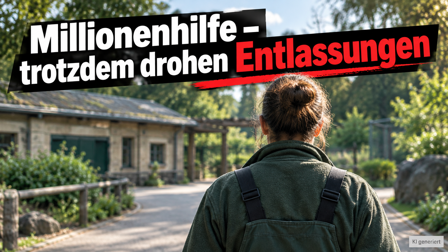 Zuschüsse für Zoo Antwerpen und Planckendael: Flandern gewährt jährlich zwei Millionen Euro 1 KI-generiertes Symbolbild zum Thema Zuschüsse für Zoo Antwerpen und Planckendael: Person in grüner Arbeitskleidung von hinten auf einem begrünten Weg; Schriftzug zu drohenden Entlassungen.