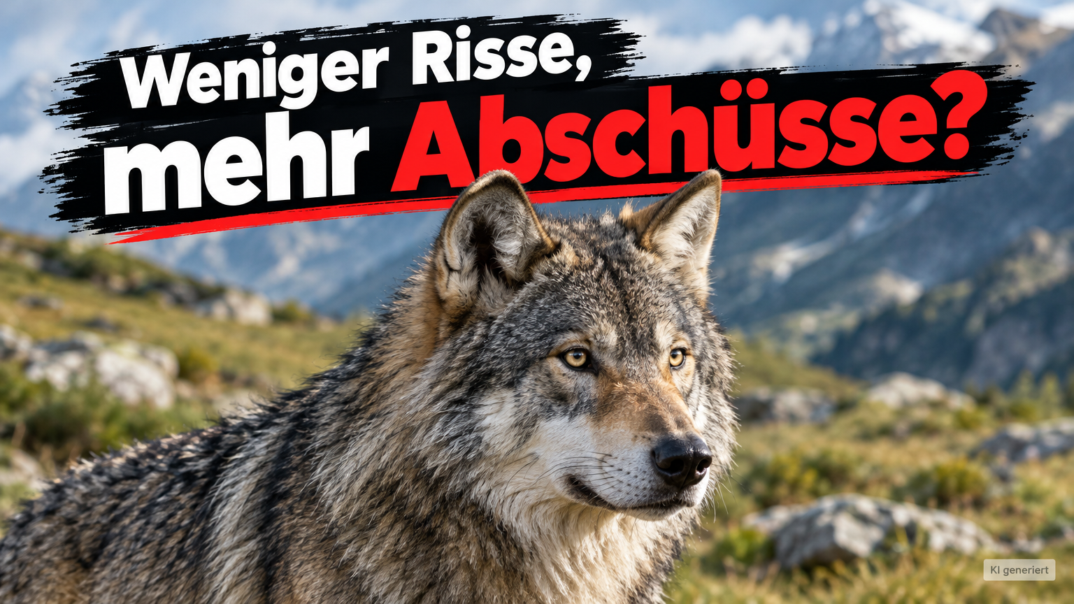 KI-generiertes Symbolbild zum Thema Rückgang der Nutztierrisse in der Schweiz: Wolf vor Bergkulisse mit der Überschrift „Weniger Risse, mehr Abschüsse?“